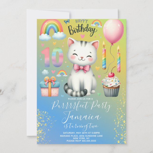 10th Birthday Kitten Rainbow Party Invitation (Front)