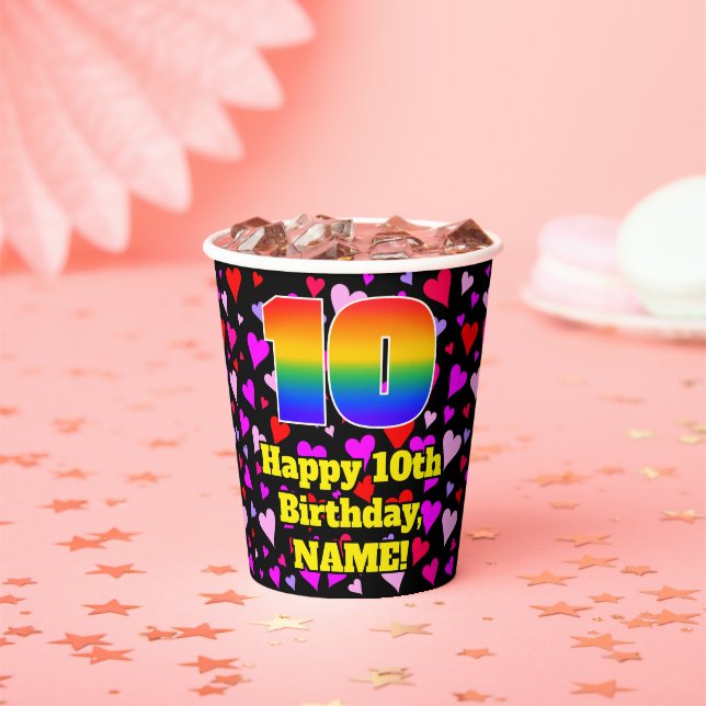 10th Birthday: Loving Hearts Pattern, Rainbow 10 Paper Cups (Insitu)