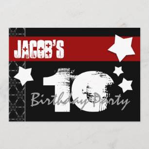 10th Birthday Modern For Him Red White Black W01B Invitation