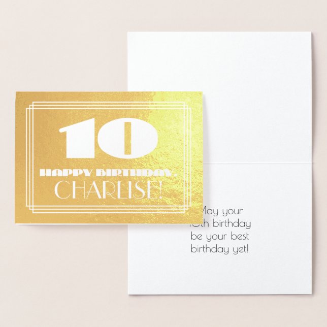 10th Birthday: Name + Art Deco Inspired Look "10" Foil Card (Display)