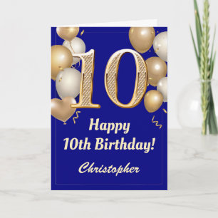 10th Birthday Navy Blue and Gold Balloons Confetti Card