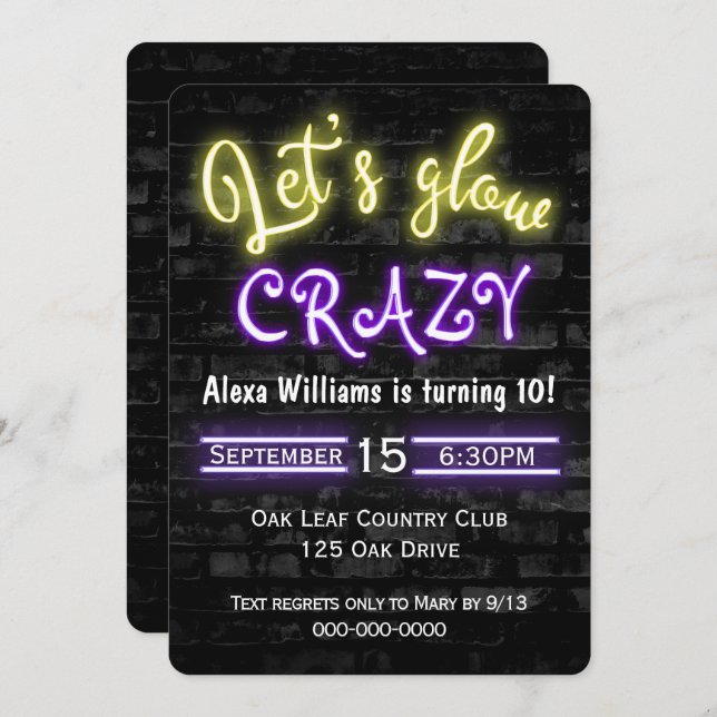 10th Birthday Neon Glow Sign on Brick Wall Invitation (Front/Back)