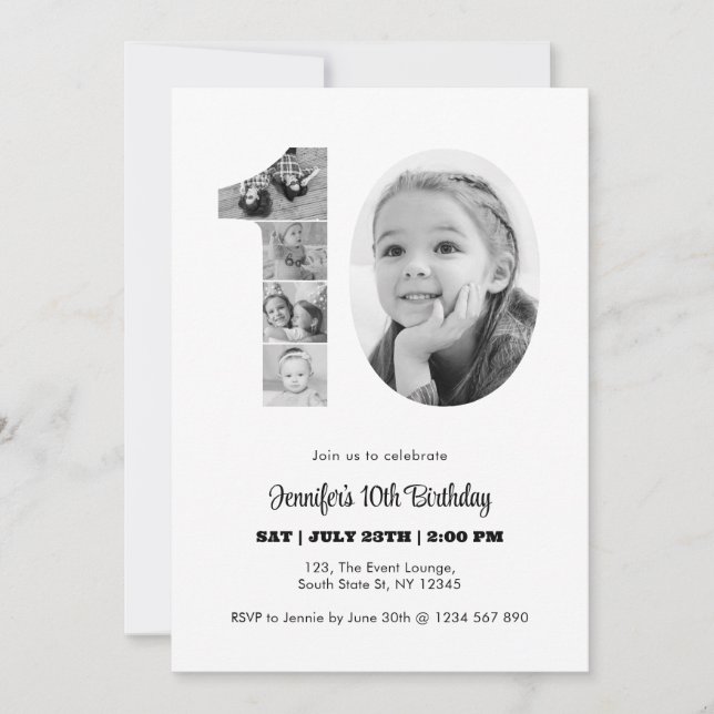 10th Birthday Number 10 Photo Collage Black White Invitation (Front)