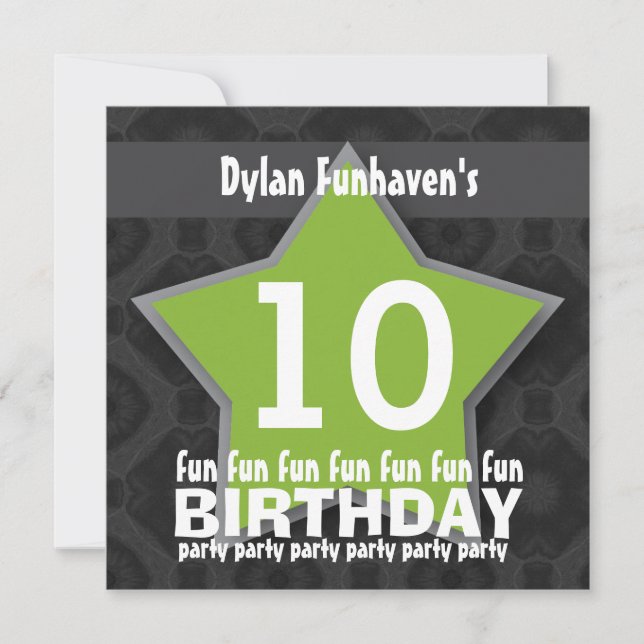 10th Birthday Party Black Green White STARS V10A Invitation (Front)