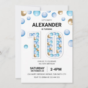 10th Birthday Party, Blue and Gold Balloon Boy Invitation
