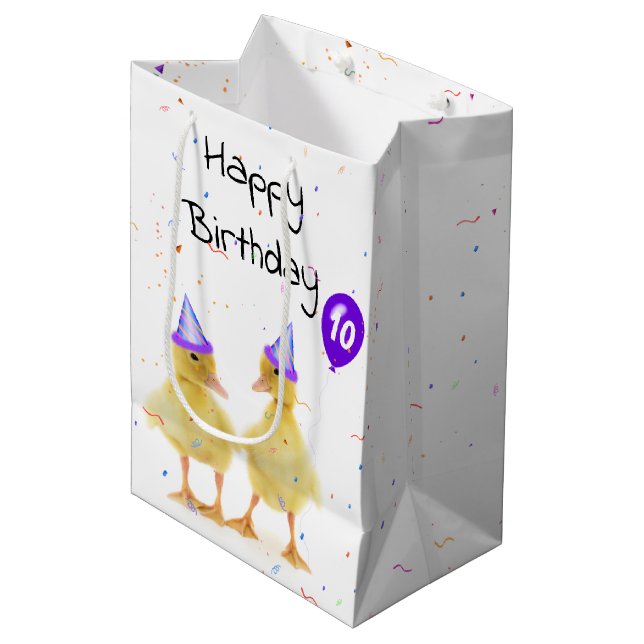 10th Birthday Party Ducks with Balloon Medium Gift Bag (Front Angled)