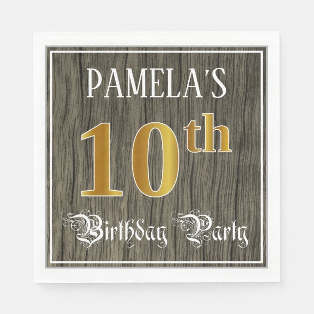10th Birthday Party — Faux Gold & Faux Wood Looks Napkin (Front)