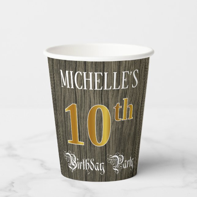 10th Birthday Party — Faux Gold & Faux Wood Looks Paper Cups (Back)
