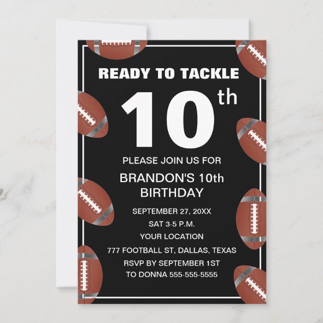 10th Birthday Party Football Black Sport Kids Boy Invitation (Front)