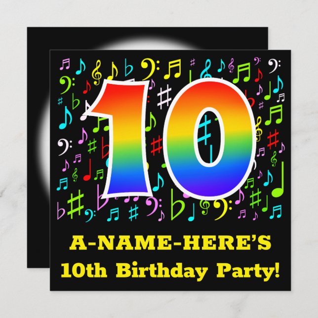 10th Birthday Party: Fun Music Symbols, Rainbow 10 Invitation (Front/Back)