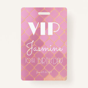 10th Birthday Party Girl Gold Pink Glitter Pattern ID Badge