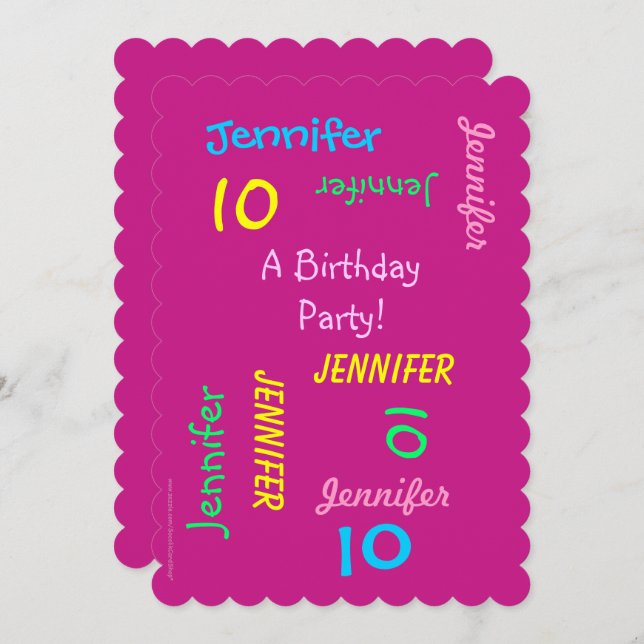 10th Birthday Party Invitation Hot Pink, Names (Front/Back)