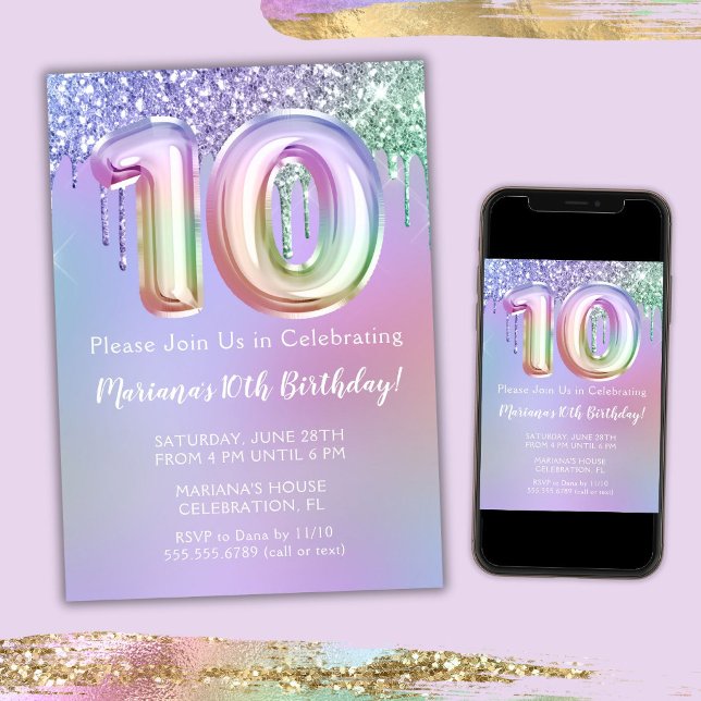 10th Birthday Party Invitation Purple Pink Glitter (Creator Uploaded)
