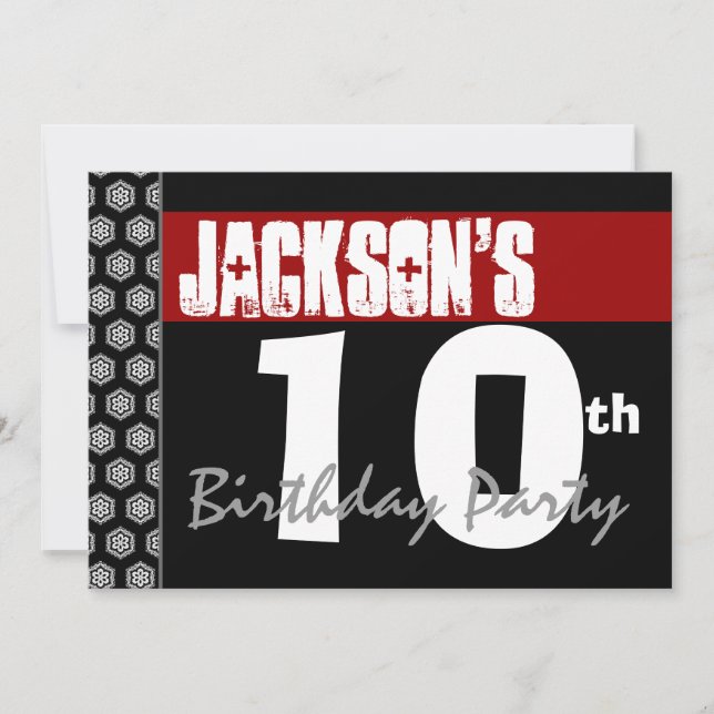 10th Birthday Party Modern Red Black and White Invitation (Front)