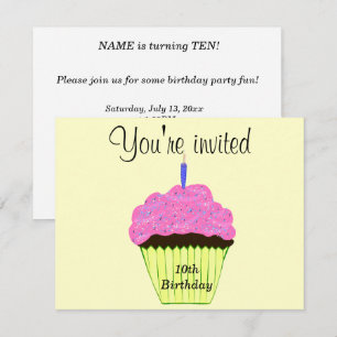 10th Birthday Party Pink Cupcake - Customise Invitation