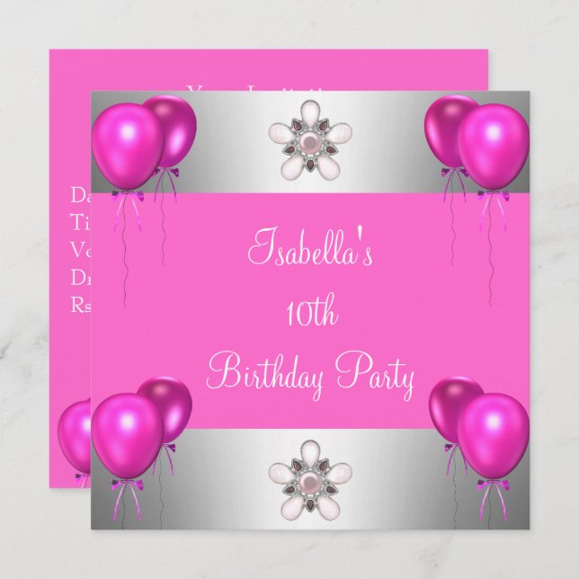 10th Birthday Party Pretty in Pink Balloons Silver Invitation (Front/Back)