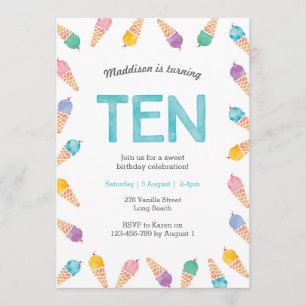 10th Birthday Party   Rainbow Ice cream invitation