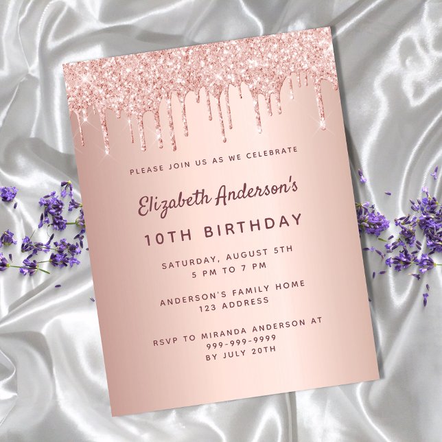 10th birthday party rose gold glitter pink postcard (Creator Uploaded)