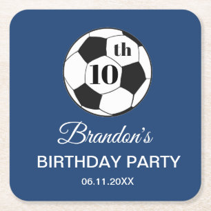 10th Birthday Party Soccer Blue Boys Sports Square Paper Coaster
