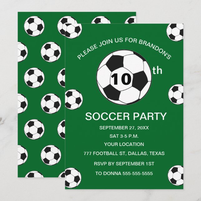 10th Birthday Party Soccer Green Boys Sports Invitation (Front/Back)