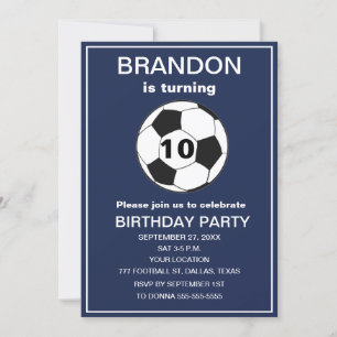 10th Birthday Party Soccer Navy Blue Boys Sports Invitation