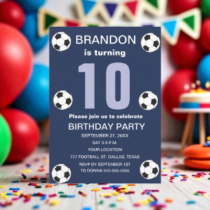10th Birthday Party Soccer Navy Blue Boys Sports Invitation