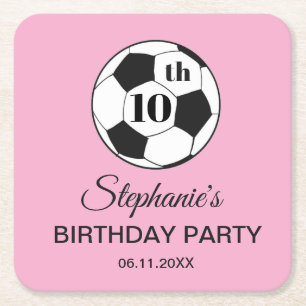 10th Birthday Party Soccer Pink Girls Sports Square Paper Coaster