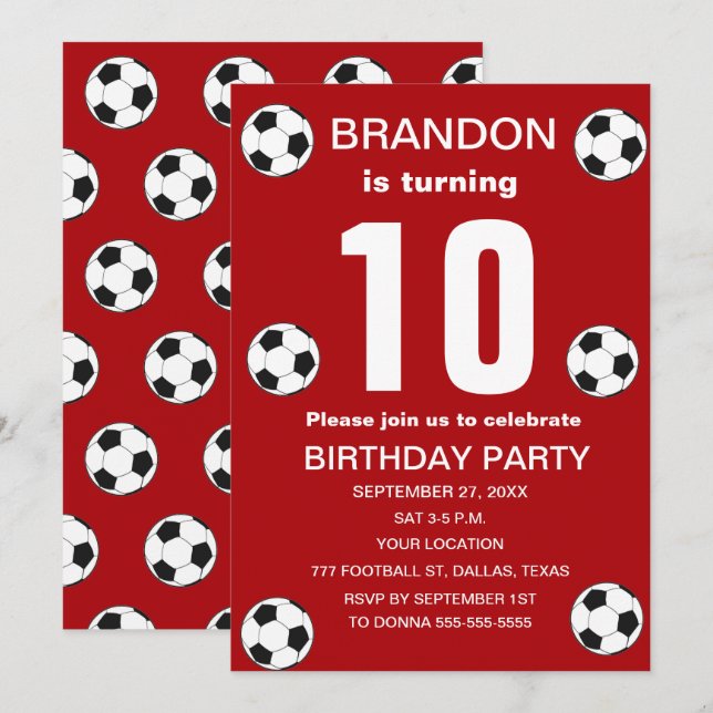 10th Birthday Party Soccer Red Boys Sports Invitation (Front/Back)