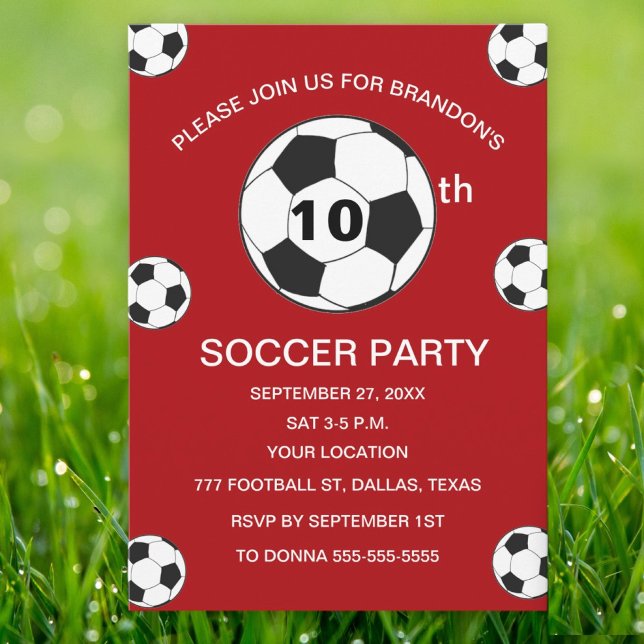 10th Birthday Party Soccer Red Boys Sports Invitation (Creator Uploaded)