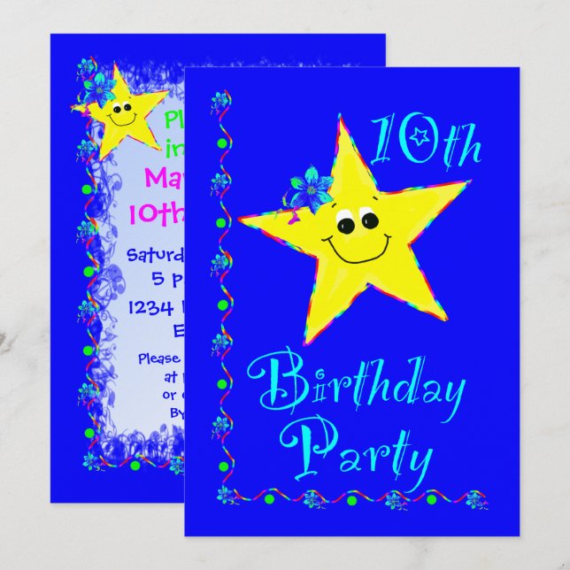 10th Birthday Party Star Invitation (Front/Back)
