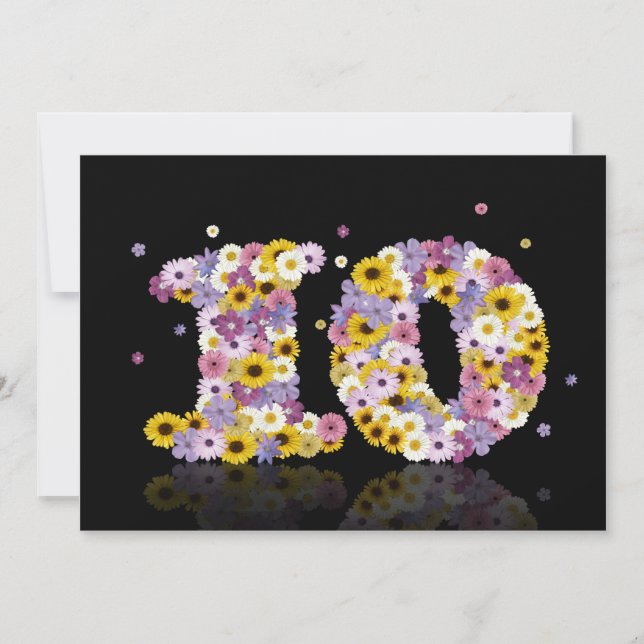 10th Birthday party, with flowered letters Invitation (Front)