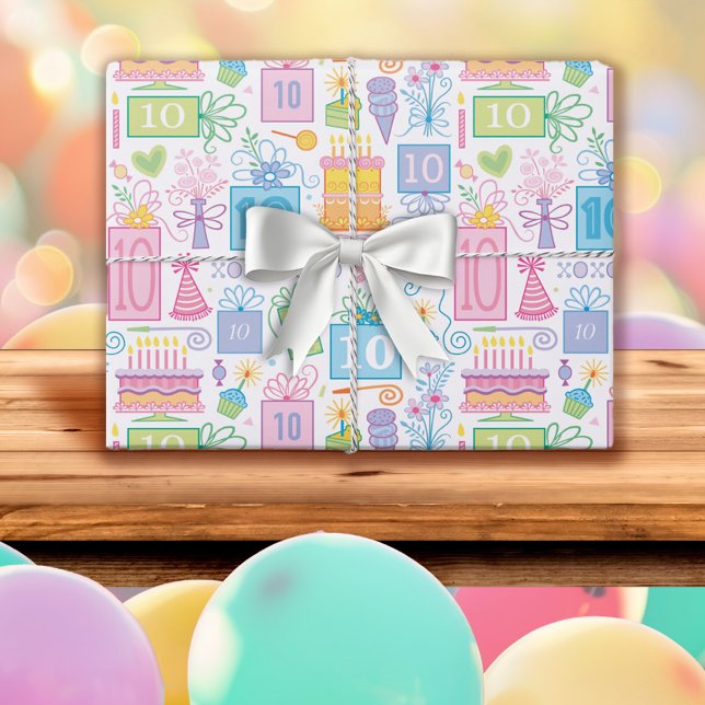 10th Birthday Pastel Pink Cake Presents Balloons Wrapping Paper Sheet (Creator Uploaded)