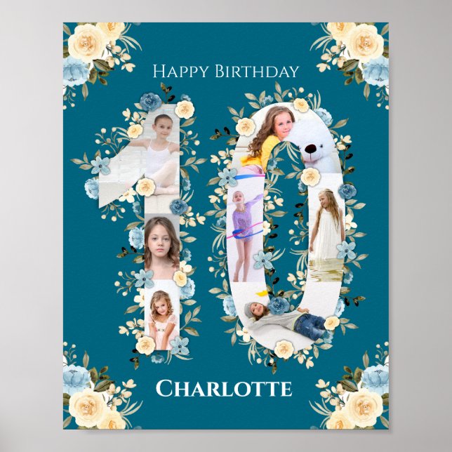 10th Birthday Photo Collage Yellow Flower Teal Poster (Front)