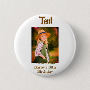 10th birthday photo name date simple brown beige b 6 cm round badge