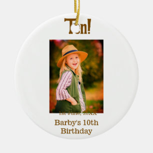 10th birthday photo name date simple brown beige b ceramic ornament