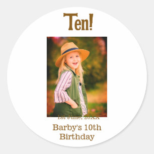 10th birthday photo name date simple brown beige b classic round sticker