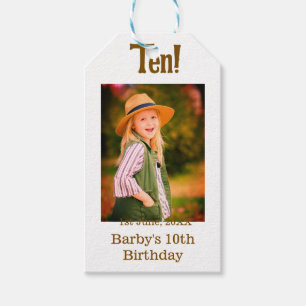 10th birthday photo name date simple brown beige b gift tags