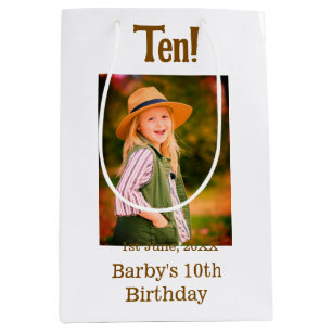 10th birthday photo name date simple brown beige b medium gift bag