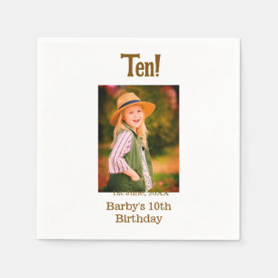 10th birthday photo name date simple brown beige b napkin