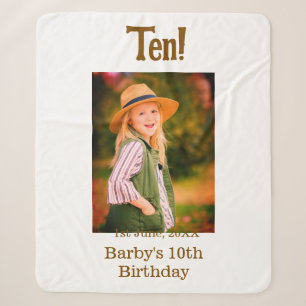 10th birthday photo name date simple brown beige b sherpa blanket