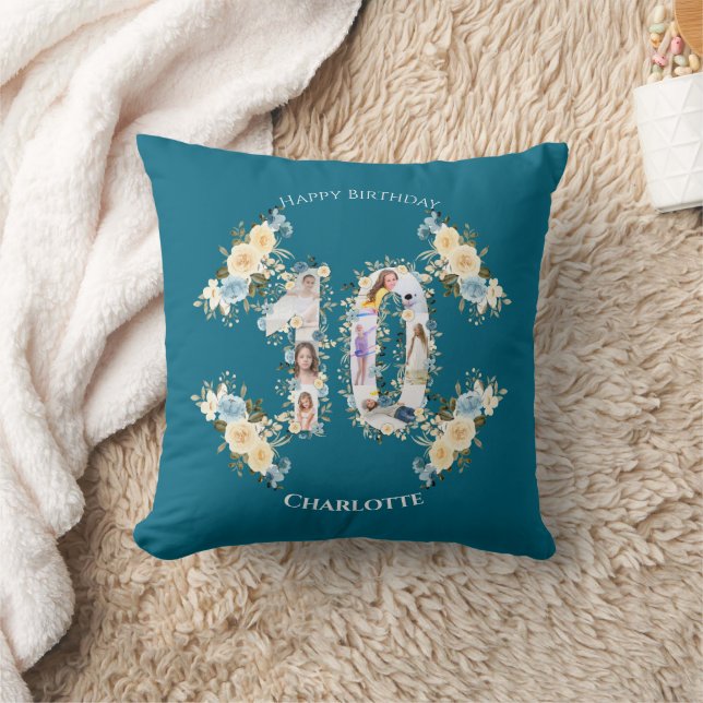 10th Birthday Photo Teal Collage Yellow Flower Cushion (Blanket)