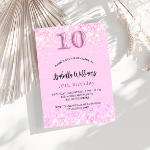 10th birthday pink confetti girl party invitation