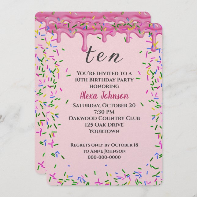 10th Birthday Pink Icing And Sprinkles Invitation (Front/Back)