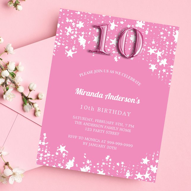 10th Birthday pink white stars budget invitation Flyer (Creator Uploaded)