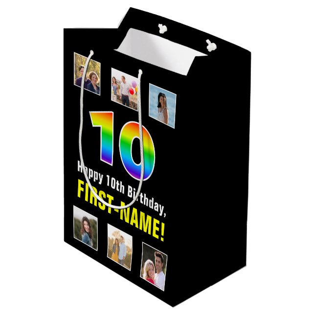10th Birthday: Rainbow “10“, Custom Photos & Name Medium Gift Bag (Back Angled)