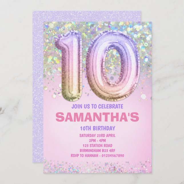 10th Birthday, Rainbow Glitter Birthday Invitation (Front/Back)