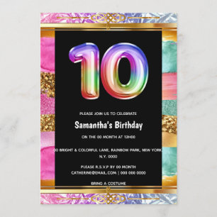 10th birthday rainbow glitter colourful party invitation