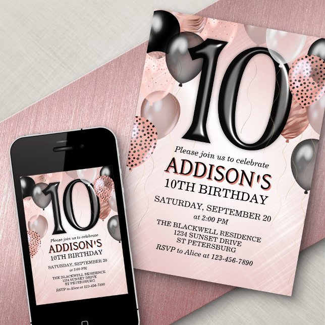 10th Birthday Rose Gold Balloons Invitation (Creator Uploaded)