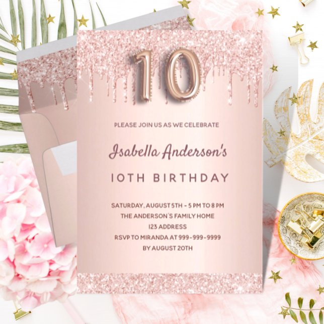 10th birthday rose gold glitter drips pink glam invitation (Creator Uploaded)
