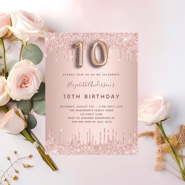 10th birthday rose gold glitter drips pink glam invitation postcard (Creator Uploaded)